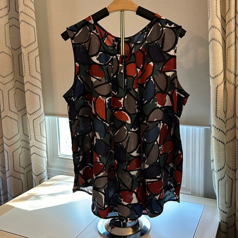 Nine West Patterned Tank Top Shell Green Blue Grey Orange Rust Jewel Tones L